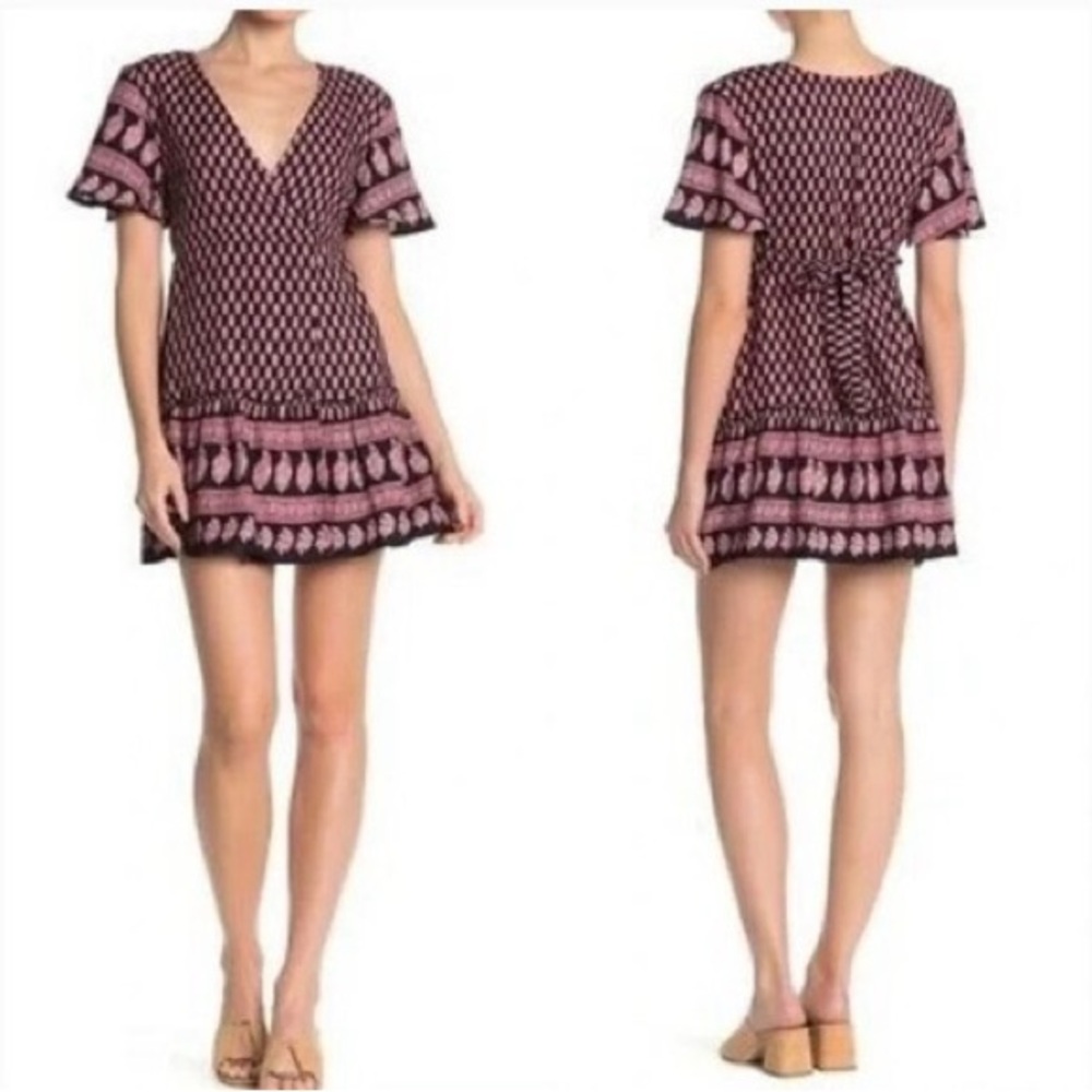 Anthropologie RAGA Faux Wrap Mini Dress Sz M Black Pink Mixed Print Ties Ruffle - Picture 2 of 14